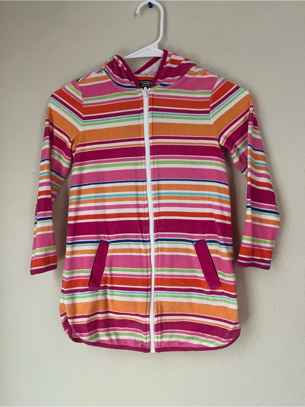 Lands’ End Striped Hoodie Dress Swim Cover Up Pink Orange Zip Front Girls M 5-6